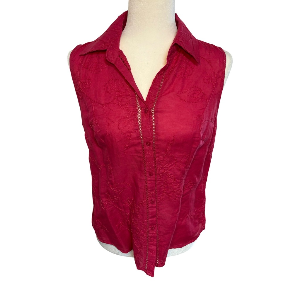 Susan Bristol Raspberry Pink Linen Embroidered‎ Top Womens M 90s blouse cottage
